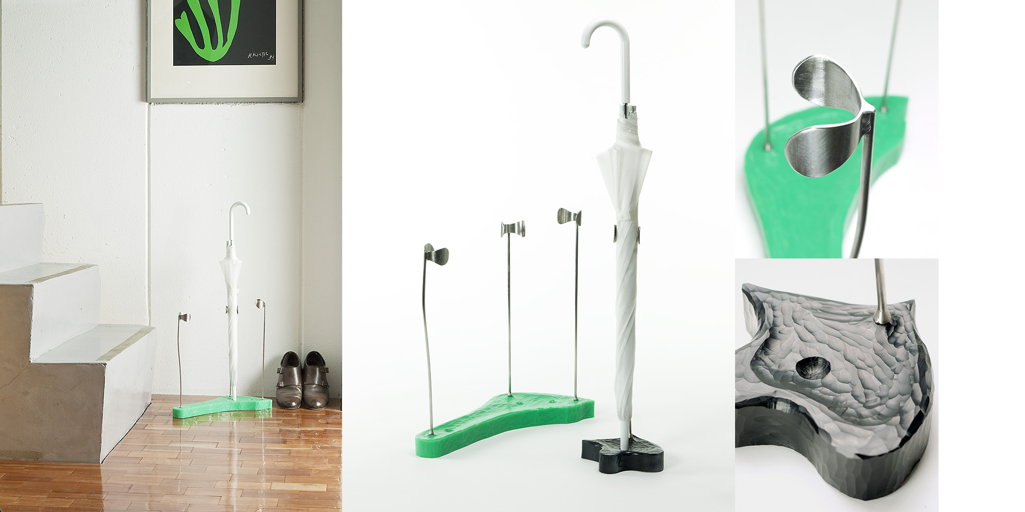 超高分子ポリエチレンとステンレスを組み合わせた不思議な傘立て。